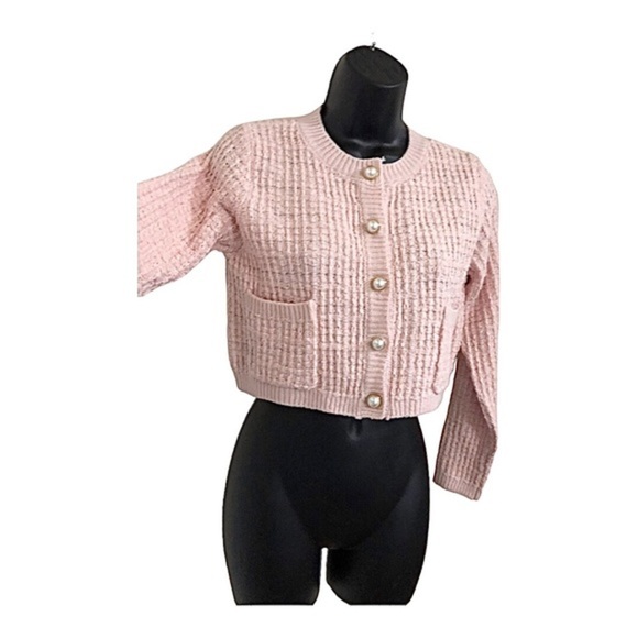 Jessica Simpson pink textured knit pearl button crop cardigan sweater jacket - Picture 3 of 15